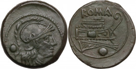 Post semilibral series. AE Uncia, 215-212 BC. Obv. Head of Roma right, wearing Attic helmet; behind, pellet. Rev. ROMA. Prow right; below, pellet. Cr....