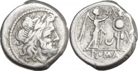 Crescent series. AR Victoriatus, uncertain Campanian mint (Capua?), 207 BC. Obv. Laureate head of Jupiter right. Rev. Victory standing right, crowning...