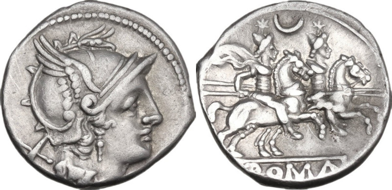 Crescent (first) series. AR Denarius, 207 BC. Obv. Helmeted head of Roma right; ...