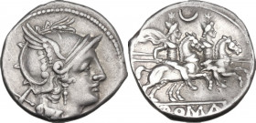 Crescent (first) series. AR Denarius, 207 BC. Obv. Helmeted head of Roma right; behind, X. Rev. The Dioscuri galloping right; above, crescent and belo...