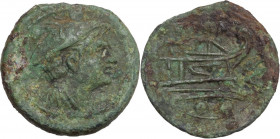 C. Aurunculeius. AE Sextans. Sardinia, c. 209 BC. Obv. Head of Mercury right; above, two pellets. Rev. Prow right; above, ROMA; before, AVR (ligate); ...