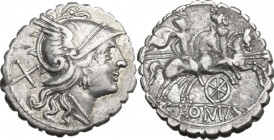 Wheel series. AR Denarius serratus, uncertain Apulian mint (Tarentum?), 208 BC. Obv. Helmeted head of Roma right; behind, X. Rev. The Dioscuri gallopi...