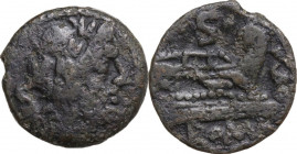 Dolphin series, unofficial issue. AE Semis, uncertain mint, after 208 BC. Obv. Laureate head of Saturn right; behind, S. Rev. Prow right; above, S; be...