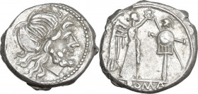 CROT series. AR Victoriatus, uncertain Bruttian mint, 203 BC. Obv. Laureate head of Jupiter right. Rev. Victory standing right, crowning trophy; no CR...