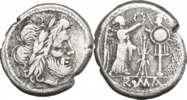 Thunderbolt series. AR Victoriatus, c. 206-195 BC. Obv. Laureate head of Jupiter right. Rev. Victory standing right, crowning trophy; between, thunder...