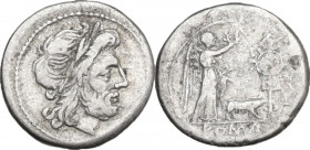 Sow series. AR Victoriatus, Capua mint, 205 BC. Obv. Laureate head of Jupiter right. Rev. Victory standing right, crowning trophy; between, sow; in ex...