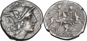 Female head series. AR Denarius, uncertain Spanish mint (Tarraco?), 203 BC. Obv. Helmeted head of Roma right; behind, X. Rev. The Dioscuri galloping r...