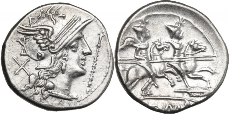 Staff and feather series. AR Denarius, uncertain Spanish mint, 202 BC. Obv. Helm...