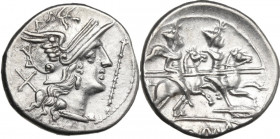 Staff and feather series. AR Denarius, uncertain Spanish mint, 202 BC. Obv. Helmeted head of Roma right (no curl on left shoulder); behind, X; before,...