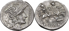 Staff and feather series. AR Denarius, uncertain Spanish mint, 202 BC. Obv. Helmeted head of Roma right; behind, X; before, scipio (staff). Rev. The D...