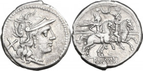 Crescent (second) series. AR Denarius, uncertain Spanish mint, 204 BC. Obv. Helmeted head of Roma right; behind, X. Rev. The Dioscuri galloping right;...