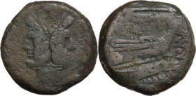 L. Mamilius. AE As, 189-180 BC. Obv. Laureate head of Janus; I (mark of value) above. Rev. Prow right; above, Ulysses standing right, holding staff, a...