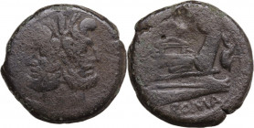 Dolphin (second) series. AE As, c. 189-180 BC. Obv. Laureate head of Janus; above, I. Rev. Prow right; above, I; before, dolphin downwards; below, ROM...