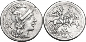 Matienus. AR Denarius, 179-170 BC. Obv. Helmeted head of Roma right; behind, X. Rev. The Dioscuri galloping right; below horses, MAT ligate; in linear...