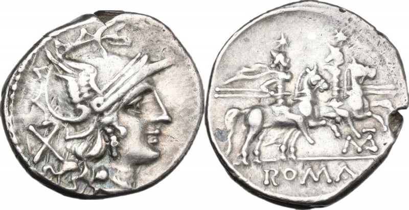 Matienus. AR Denarius, uncertain Spanish mint, 179-170 BC. Obv. Helmeted head of...