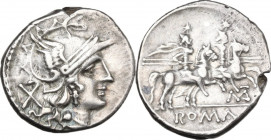 Matienus. AR Denarius, uncertain Spanish mint, 179-170 BC. Obv. Helmeted head of Roma right; behind, X. Rev. The Dioscuri galloping right; below horse...