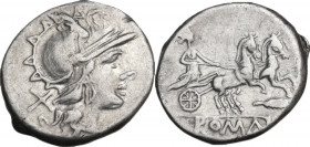 Feather series. AR Denarius, uncertain Spanish mint, 202 BC. Obv. Helmeted head of Roma right; behind, X. Rev. Luna in biga right; below, feather (or ...