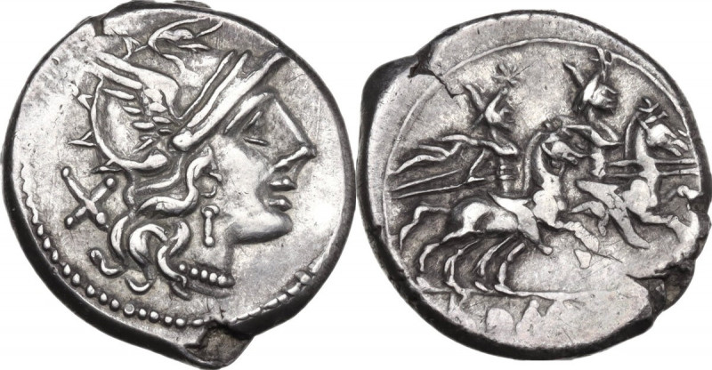 Anonymous. AR Denarius, 179-170 BC. Obv. Helmeted head of Roma right; behind, X....