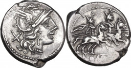Anonymous. AR Denarius, 179-170 BC. Obv. Helmeted head of Roma right; behind, X. Rev. The Dioscuri galloping right; below, ROM[A] in linear frame. Cr....