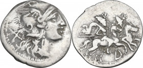 D series. AR Denarius, uncertain Spanish mint, 205 BC. Obv. Helmeted head of Roma right; behind, X. Rev. The Dioscuri galloping right; below, D; in li...