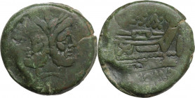 C. Cluvius Saxula. AE As, 169-158 BC. Obv. Laureate head of Janus; above, mark of value I. Rev. Prow right; above, C. SAX (AX ligate); before, mark of...