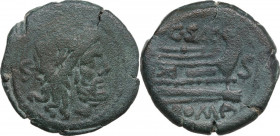 C. Cluvius Saxula. AE Semis, c. 169-158 BC. Obv. Laureate head of Saturn right; behind, S. Rev. Prow right; above, C·SAX ligate; before, S; below, ROM...