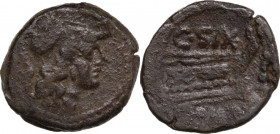 C. Cluvius Saxula. AE Triens, c. 169-158 BC. Obv. Helmeted head of Minerva right; above, four pellets. Rev. Prow right; above, C. SAX ligate; before, ...
