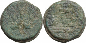 'Caps of the Dioscuri' series. AE As, c. 169-158. Obv. Laureate head of Janus; above mark of value I. Rev. Prow right; above caps of the Dioscuri and ...