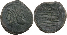 L. Licinius Murena. AE As, c. 169-158 B.C. Obv. Laureate head of Janus; above, mark of value I. Rev. Prow right; above, MVRENA (MVR ligate); before, m...