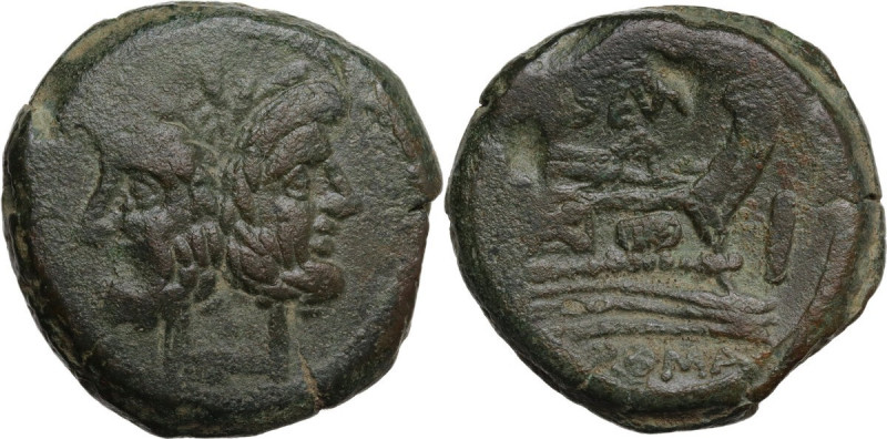 Q. Opimius. AE As, c. 169-158 BC. Obv. Laureate head of Janus; above, mark of va...