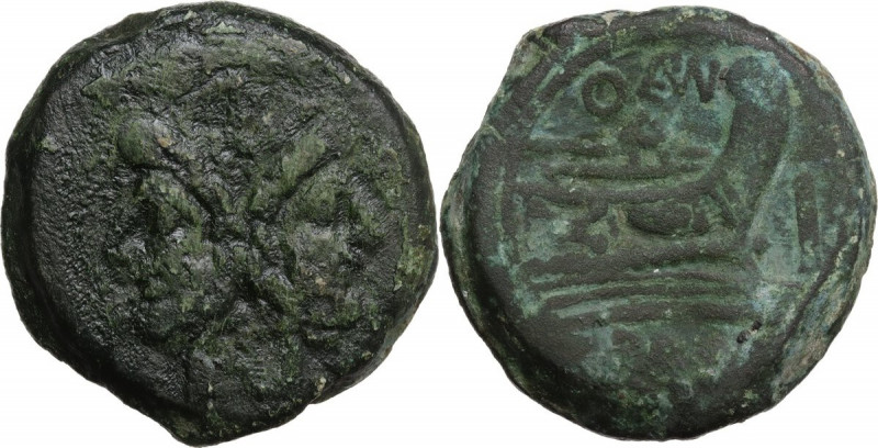 Q. Opimius. AE As, c. 169-158 BC. Obv. Laureate head of Janus; above, mark of va...