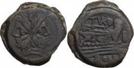 C. Papirius Turdus. AE As, c. 169-158 BC. Obv. Laureate head of Janus; above, mark of value I. Rev. Prow right; above, TVRD (VR ligate) and before, ma...