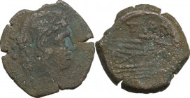 C. Papirius Turdus. AE Quadrans, c. 169-158. Obv. Head of Hercules right, wearing lion's skin; behind, three pellets. Rev. Prow right; above, TVRD; be...