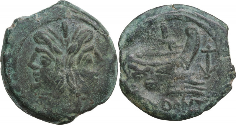 Anchor (third) series. AE As, c. 169-158 BC. Obv. Laureate head of Janus; above,...