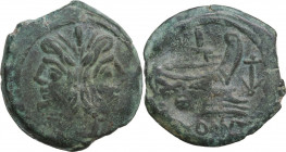 Anchor (third) series. AE As, c. 169-158 BC. Obv. Laureate head of Janus; above, mark of value I. Rev. Prow right; above, mark of value I and before, ...