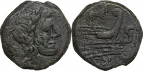 Ass series. AE Semis, c. 169-158 BC. Obv. Laureate head of Saturn right; behind, S. Rev. Prow right; above, ass and before, S. Below, ROMA. Cr. 195/2....