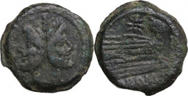 Star (first) series. AE As, circa 169-158 BC. Obv. Laureate head of Janus; above, mark of value. Rev. Prow right; above, eight- rayed star and before,...