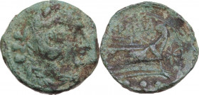 Star (first) series. AE Quadrans, c. 206-195 BC. Obv. Head of Hercules right, wearing lion's skin; behind, three pellets. Rev. ROMA. Prow right; befor...
