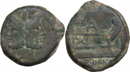 Anonymous. AE As, 157-156 BC. Obv. Laureate head of Janus; above, I. Rev. Prow right; before, I; below, ROMA. Cr. 198B/1a. AE. 24.27 g. 32.00 mm. R. A...