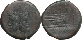 Pinarius Natta. AE As, 155 BC. Obv. Laureate head of Janus; above, mark of value I. Rev. Prow right; above, NAT and before, mark of value I. Below, RO...