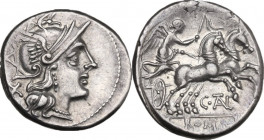 C. Thalna. AR Denarius, 154 BC. Obv. Helmeted head of Roma right; behind, X. Rev. Victory in biga right; C TALN (ligate) below; ROMA in exergue. Cr. 2...