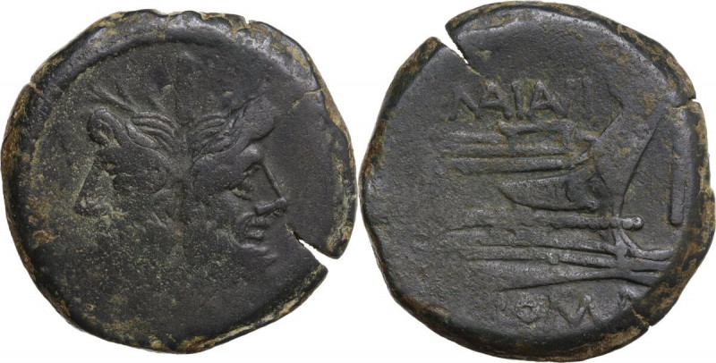 C. Maianius. AE As, c. 153 BC. Obv. Laureate head of Janus; above, mark of value...