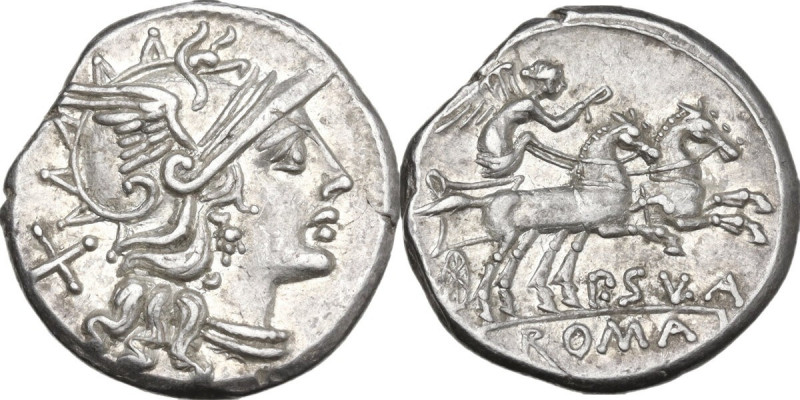 Pub. Sulla. AR Denarius, 151 BC. Obv. Helmeted head of Roma right; behind, X. Re...