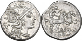 Pub. Sulla. AR Denarius, 151 BC. Obv. Helmeted head of Roma right; behind, X. Rev. Victory in biga right; below horses, P. SVLA; in exergue, ROMA. Cr....