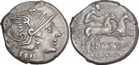 Pub. Sulla. AR Denarius, 151 BC. Obv. Helmeted head of Roma right; behind, X. Rev. Victory in biga right; below horses, P. SVLA; in exergue, ROMA. Cr....