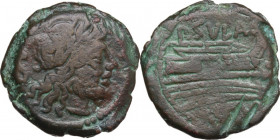 P. Sula. AE Semis, c. 151 BC. Obv. Laureate head of Saturn right; behind, S. Rev. Prow right; above P.SVLA, before S. Below, ROMA. Cr. 205/3; B. (Corn...