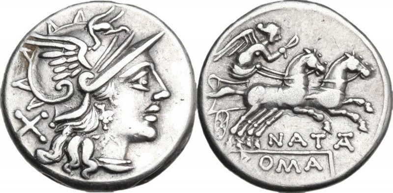 Pinarius Natta. AR Denarius, 149 BC. Obv. Helmeted head of Roma right; behind, X...