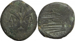 M. Atilius Saranus. AE As, 148 BC. Obv. Laureate head of Janus; above, mark of value I. Rev. M ATIL. Prow right; before, mark of value I; below, ROMA....