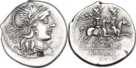 Q. Marcius Libo. Fourrèe Denarius, 148 BC. Obv. Helmeted head of Roma right; behind, LIBO; before, X. Rev. The Dioscuri galloping right; below, Q. MRC...