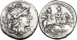 Q. Marcius Libo. AR Denarius, Rome mint, 148 BC. Obv. Helmeted head of Roma right; on the left, LIBO; on the right, X. Rev. The Dioscuri galloping rig...